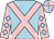 Light blue, pink cross belts, pink sleeves, light blue diamonds, light blue and pink quartered cap (Mr C M Graham)