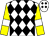 White and black diamonds, yellow sleeves, white armlets (Mrs J A Darling)