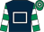 Dark blue, white hollow box, emerald green and white hooped sleeves and cap (Mr Nick Skelton)