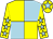 Yellow and light blue (quartered), yellow sleeves, light blue stars, yellow cap, light blue star (Golden Equinox Racing)