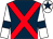 Dark blue, red cross belts, white sleeves, dark blue armlets and star on white cap (Milltown Racing)