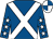 Royal blue, white cross belts, royal blue sleeves, white stars, white and royal blue quartered cap (Clan McNeil)