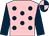 Pink, dark blue spots, dark blue sleeves, quartered cap (John J Mahon)