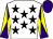 White, black stars, yellow and purple diabolo on sleeves, purple cap (Mr C I Johnston)