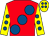 Red, large royal blue spots, yellow sleeves, royal blue spots, yellow cap, royal blue spots (A P Partnership)